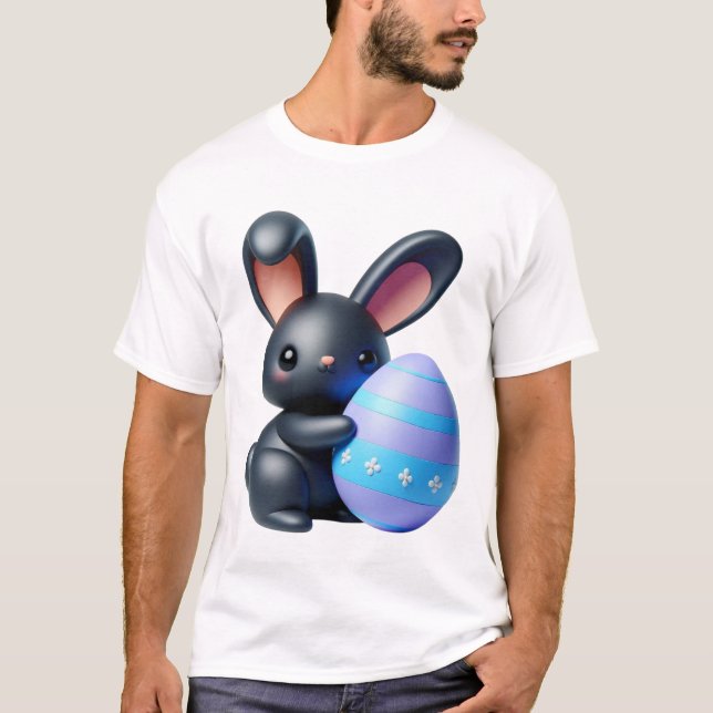 Camiseta Coelhinho Negro Festivo Segurando Ovo Decorado (Frente)
