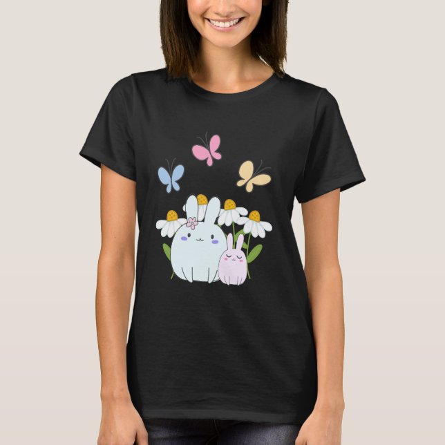 Camiseta Coelhinhos bonitos com margaridas Primavera e borb (Frente)