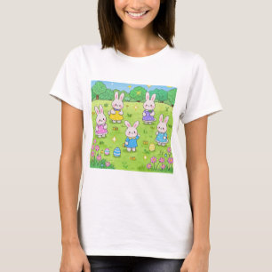 Camiseta Coelhinhos da Páscoa escondendo ovos em um jardim