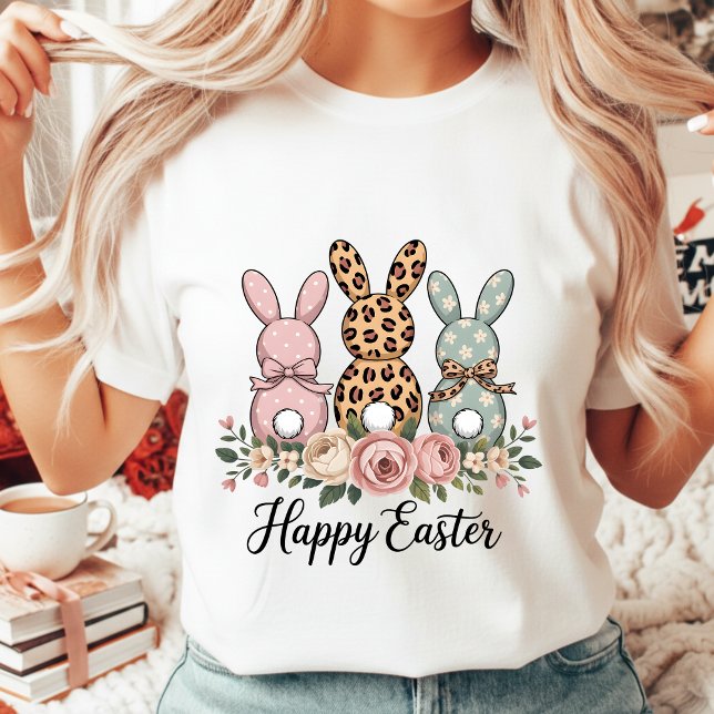 Camiseta Coelhinhos Felizes da Páscoa Floral Boho com Bolin (Criador carregado)
