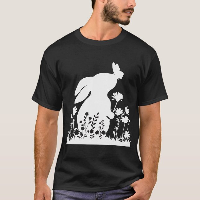 Camiseta Coelho Bonito Com Felz pascoa De Jardim De Flores (Frente)