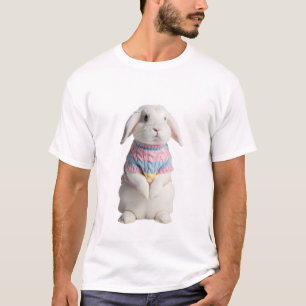 Camiseta Coelho Branco Adorável Vestindo Malha Pastel