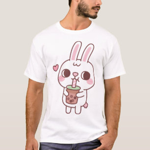 Camiseta Coelho Branco Bonito Adora Chá De Bolha Bebendo