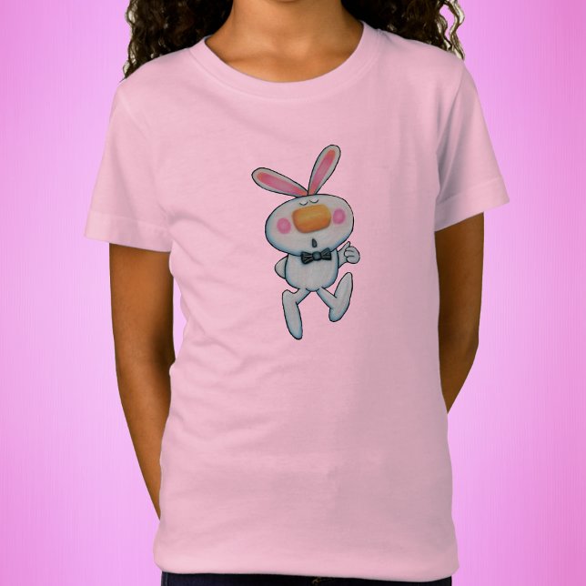 Camiseta Coelho Branco Bonito Dobra O Nariz Laranja (Cartoon cute white bunny thumbs up sign big orange nose pink rosy cheeks on kids tee shirt.)