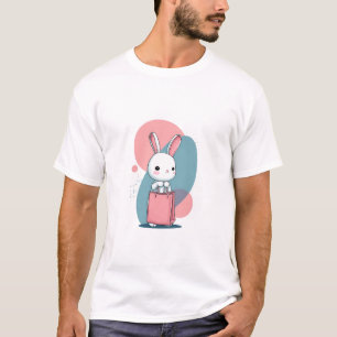 Camiseta Coelho Branco Fofo Segurando uma Bolsa de Compras