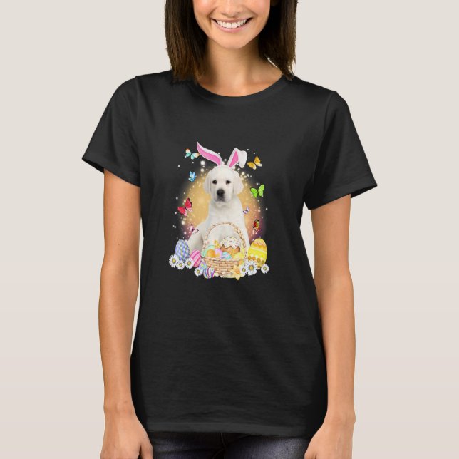 Camiseta Coelho cachorro Labrador branco com cesto de ovos  (Frente)