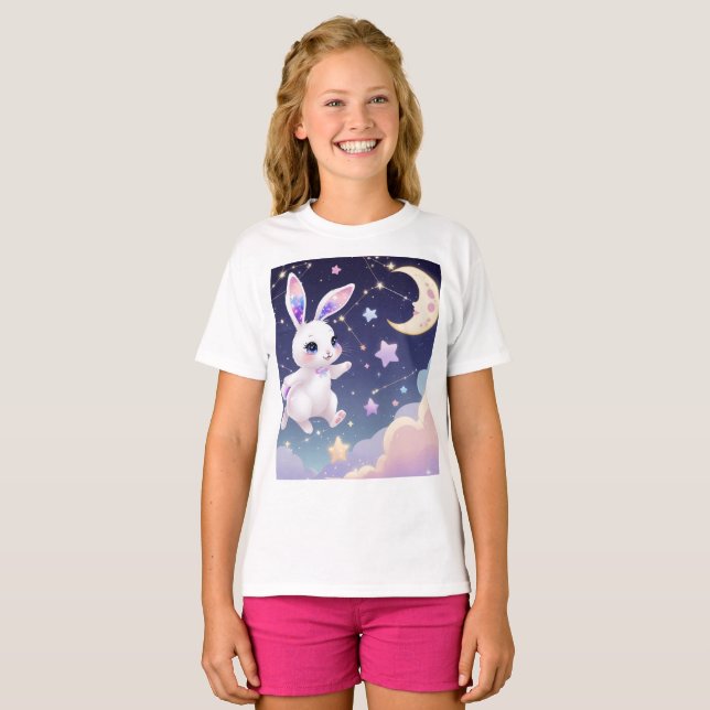 Camiseta Coelho Celestial – Kawaii Estrela Pastel  (Frente Completa)