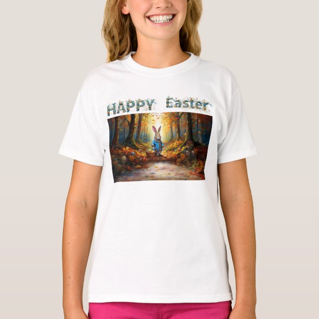Camiseta Coelho Clássico da Páscoa com Cesta de Ovos da Pás (Frente)