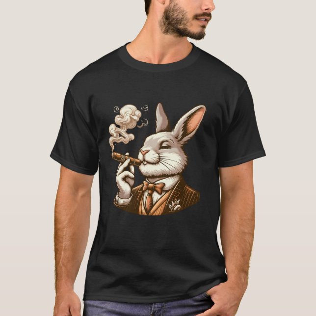 Camiseta Coelho Clássico Fumar Animais de Charuto Maiestoso (Frente)