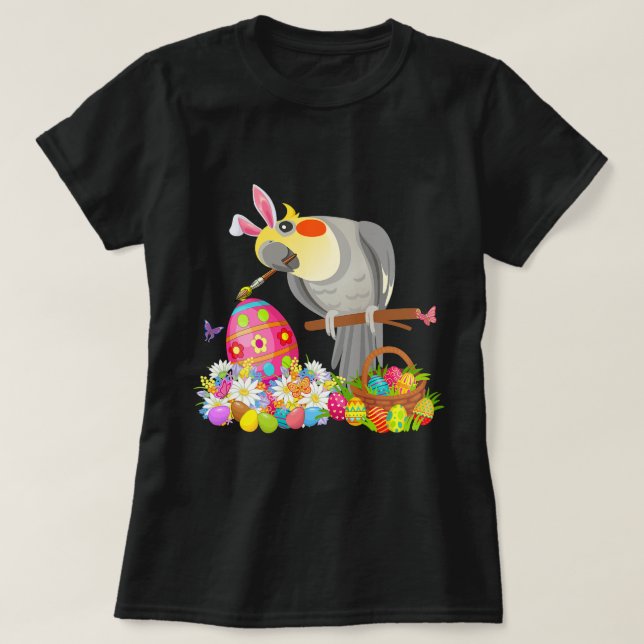 Camiseta Coelho da Páscoa Cockatiel Desenhando Ovos de Choc (Frente do Design)