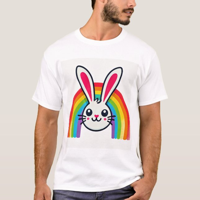 Camiseta coelho da Páscoa com arco-íris (Frente)