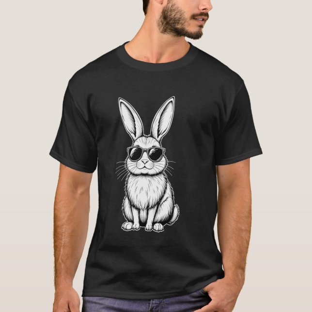 Camiseta Coelho da Páscoa com Óculos de Sol Esboço Preto A (Frente)
