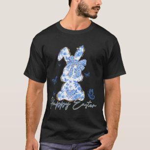 Camiseta Coelho da Páscoa Feliz Azul Chinoiserie Dia de Pás