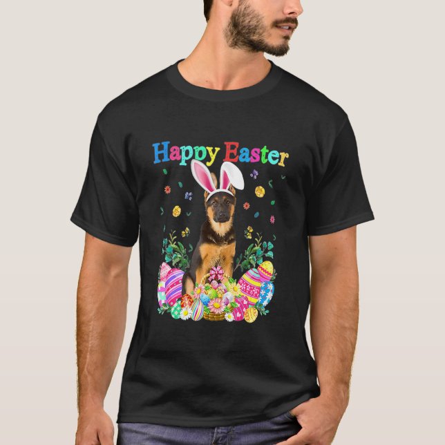 Camiseta Coelho da Páscoa Pastor Alemão Com Ovos da Páscoa (Frente)