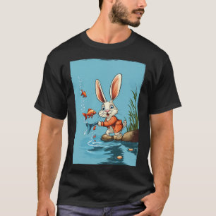 Camiseta coelho de desenho animado pegando peixe
