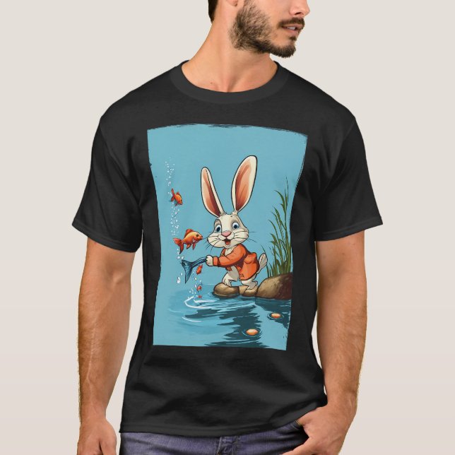 Camiseta coelho de desenho animado pegando peixe (Frente)