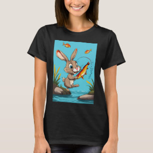 Camiseta coelho de desenho animado pegando peixe