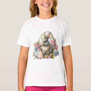 Camiseta coelho de páscoa com flores e ovos, floração color