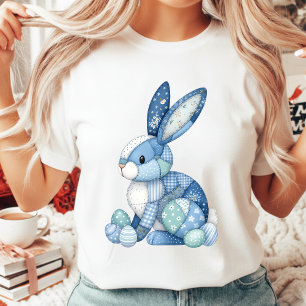 Camiseta Coelho de Páscoa em Patchwork Azul com Gingham Flo