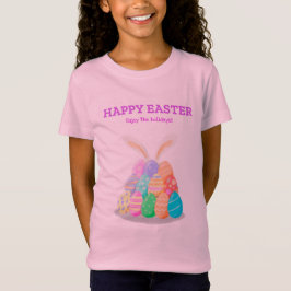 Camiseta coelho de Páscoa escondendo-se atrás de uma pilha