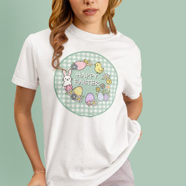 Camiseta Coelho de Páscoa Feliz Ovos Xadrez Verde