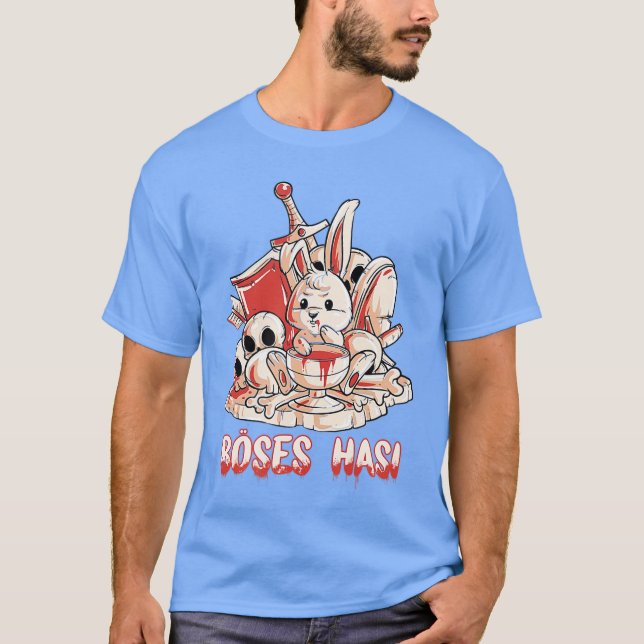 Camiseta Coelho de terror maligno com escudo de espada e ar (Frente)