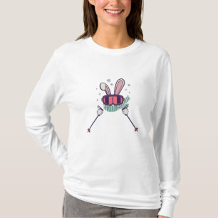 Camiseta Coelho do esqui com bastões de esqui e óculos de