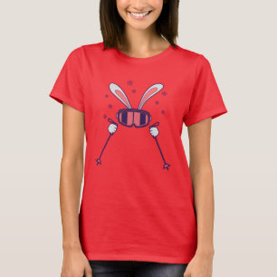 Camiseta Coelho do esqui com bastões de esqui e óculos de
