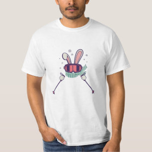 Camiseta Coelho do esqui com bastões de esqui e óculos de