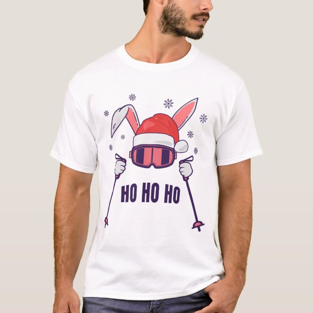 Camiseta Coelho dos Papais noeis de esqui com Santa Hat e b (Frente)