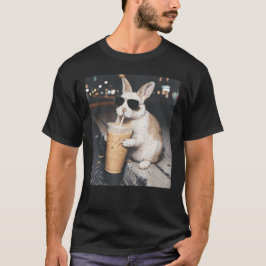 Camiseta Coelho Engraçado Bebendo Café Gelado Gif do Coelho