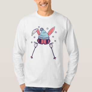 Camiseta Coelho esquiando com bastões de esqui óculos de es