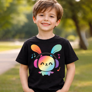 Camiseta Coelho feliz com fones de ouvido ouvindo música.