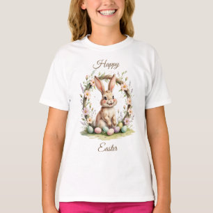 Camiseta Coelho Feliz Páscoa Vintage com Grinalda Floral