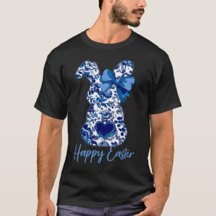 Camiseta Coelho Floral Chinoiserie de Páscoa Com Laço Azul 