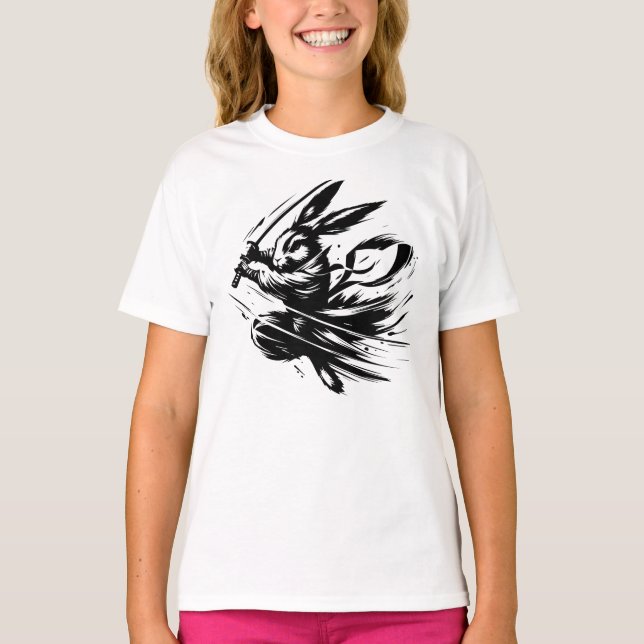 Camiseta Coelho Guerreiro Samurai Tinta Preta (Frente)