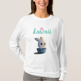 Camiseta coelho kawaii numa tigela decorada com flores