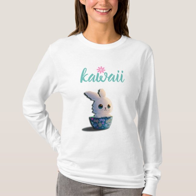 Camiseta coelho kawaii numa tigela decorada com flores (Frente)
