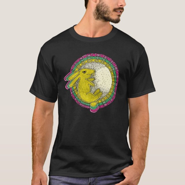 Camiseta Coelho na saia-lua (rosa/verde/amarelo) (Frente)