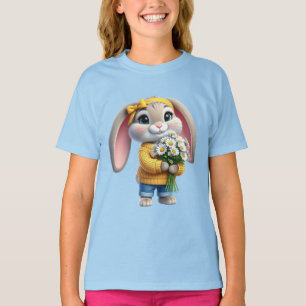 Camiseta Coelho orelhas rosa margaridas brancas