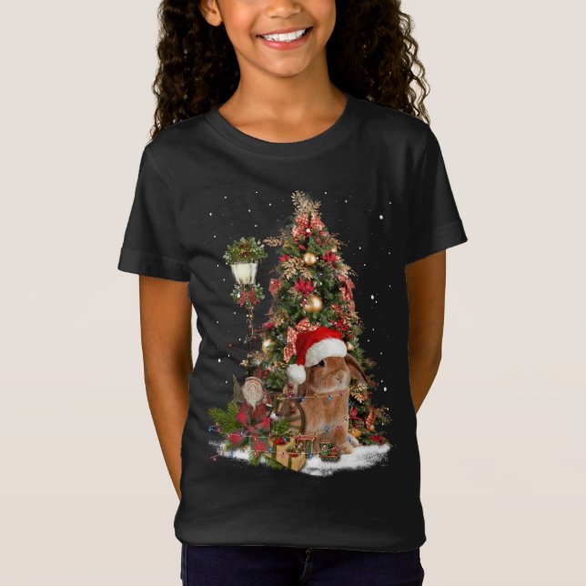 Camiseta Coelho Papai noel Árvore Luzes anãs Lop Dwarf Lop  (Frente)