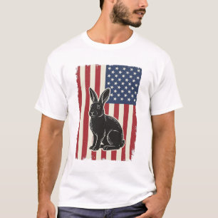 Camiseta Coelho Patriótico Bandeira Americana Gravura Vinta