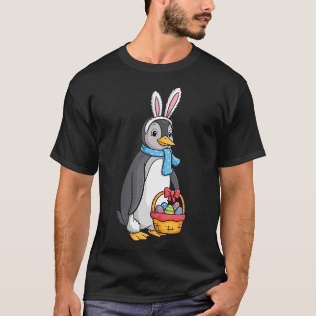 Camiseta Coelho Pinguim de Páscoa Cesta de Ovos Fofa (Frente)
