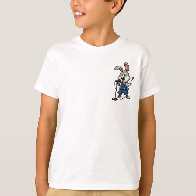 Camiseta Coelho Rockstar Cantando no Microfone Crianças (Frente)