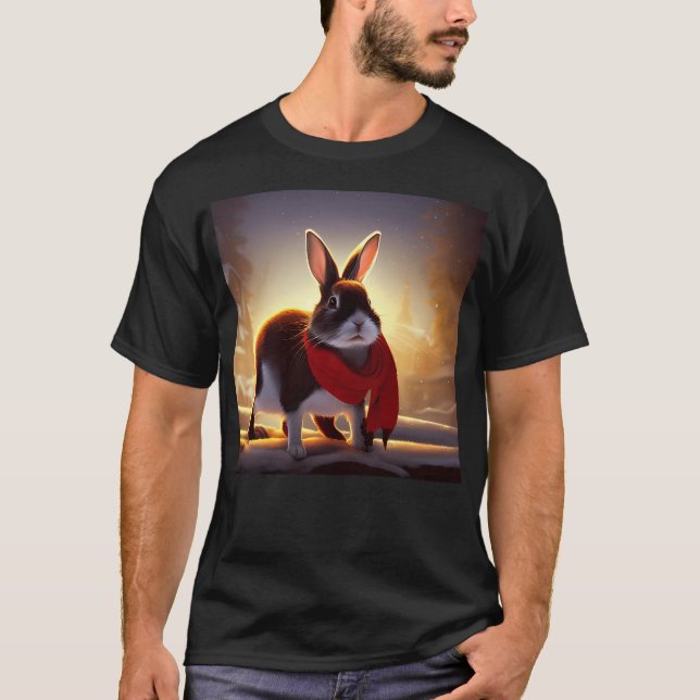 Camiseta Coelho Vestindo Um Escarfe Vermelho Para O Natal (Frente)