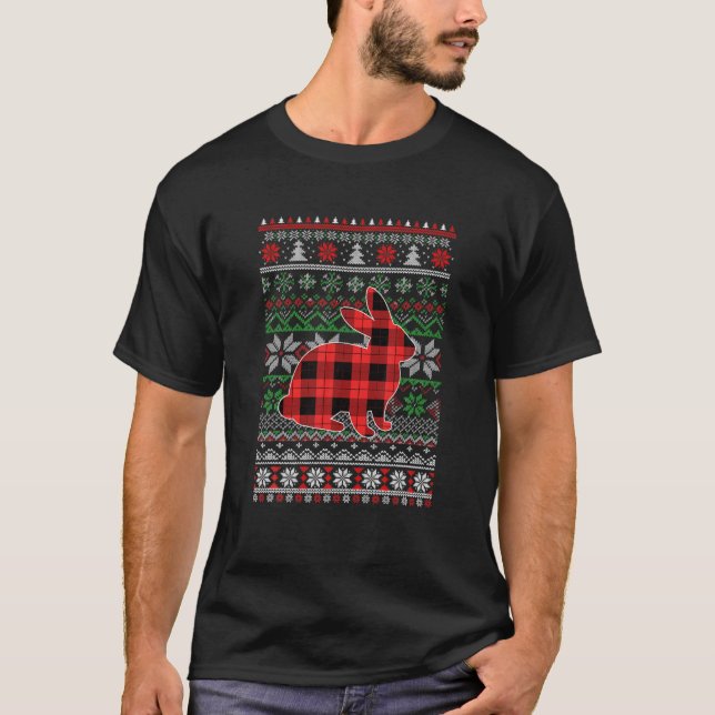 Camiseta Coelho Xadrez Vermelha Feia de Natal Doce Engraçad (Frente)