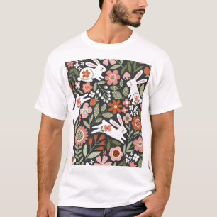 Camiseta Coelhos brancos bonitos, padrão de colheita floral