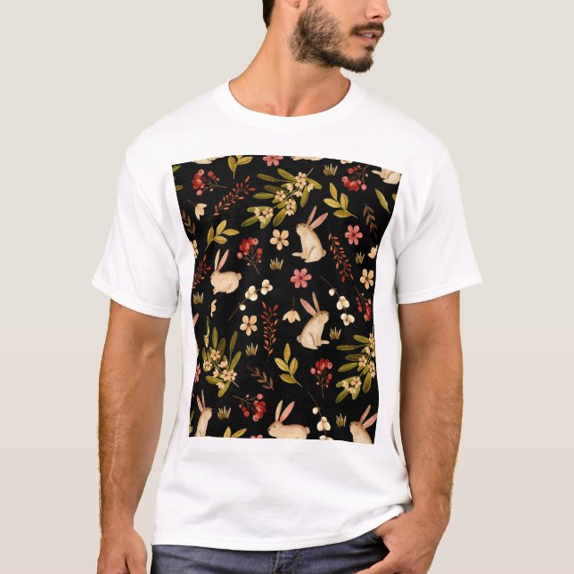 Camiseta Coelhos Cutos: Padrão Desenhado À Mão Da Aquarela (Frente)
