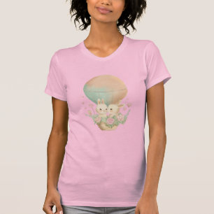 Camiseta coelhos num balão de ar quente com flores e ouvir
