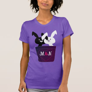 Camiseta Coelhos Pretos e Brancos de Amor Fofo Com Monogram
